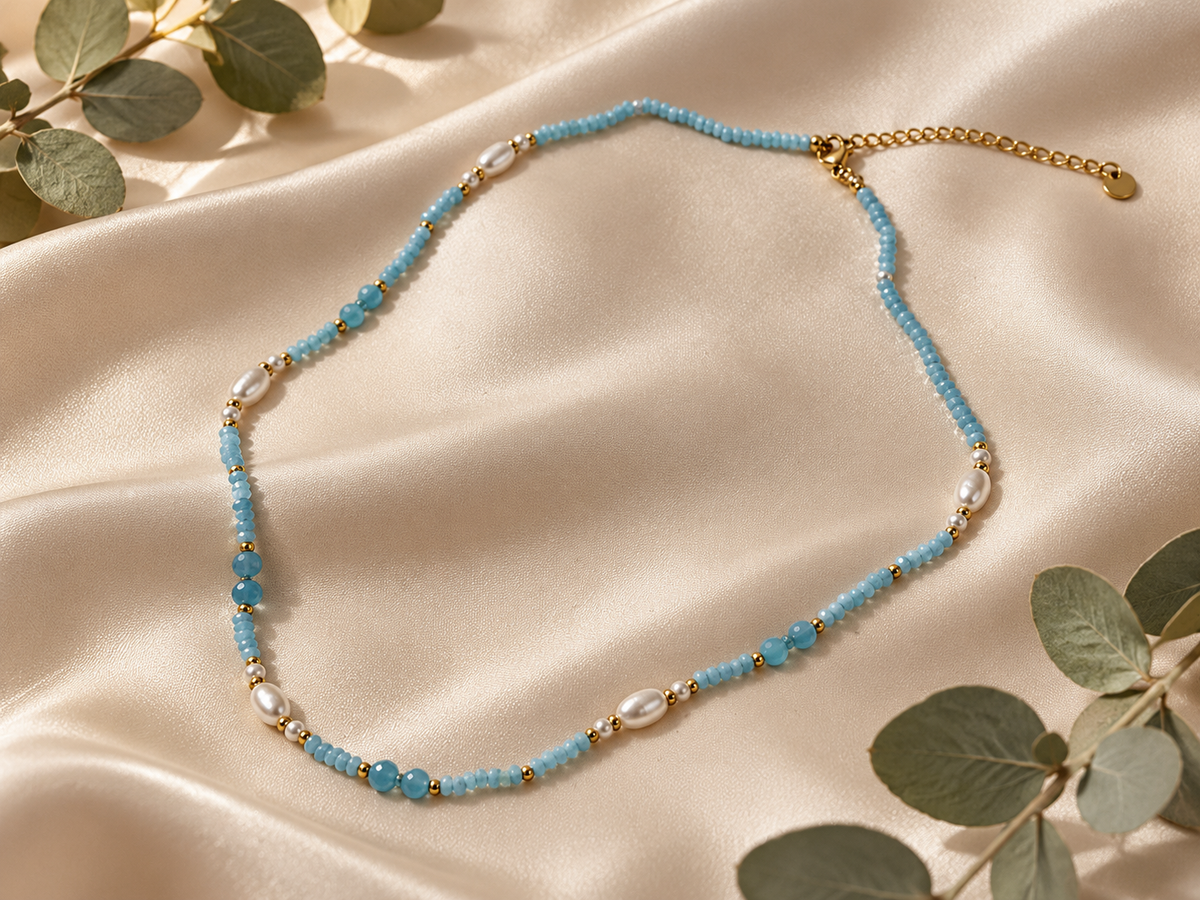 Collier doré perle bleu - Acier Inoxydable