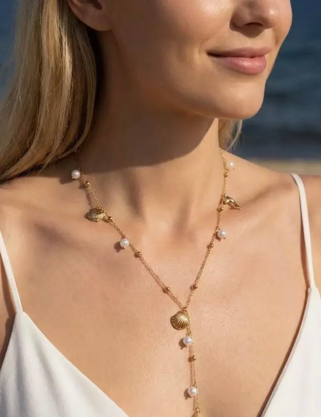 Collier long coquillage doré - Acier inoxydable