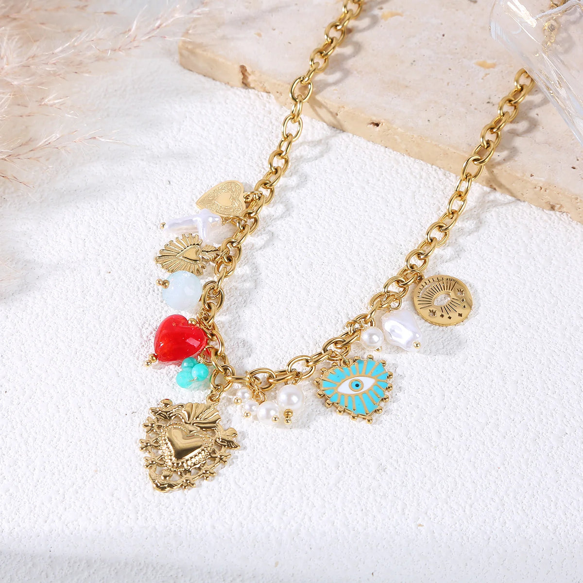 Collier pendentifs coeurs doré -Acier Inoxydable