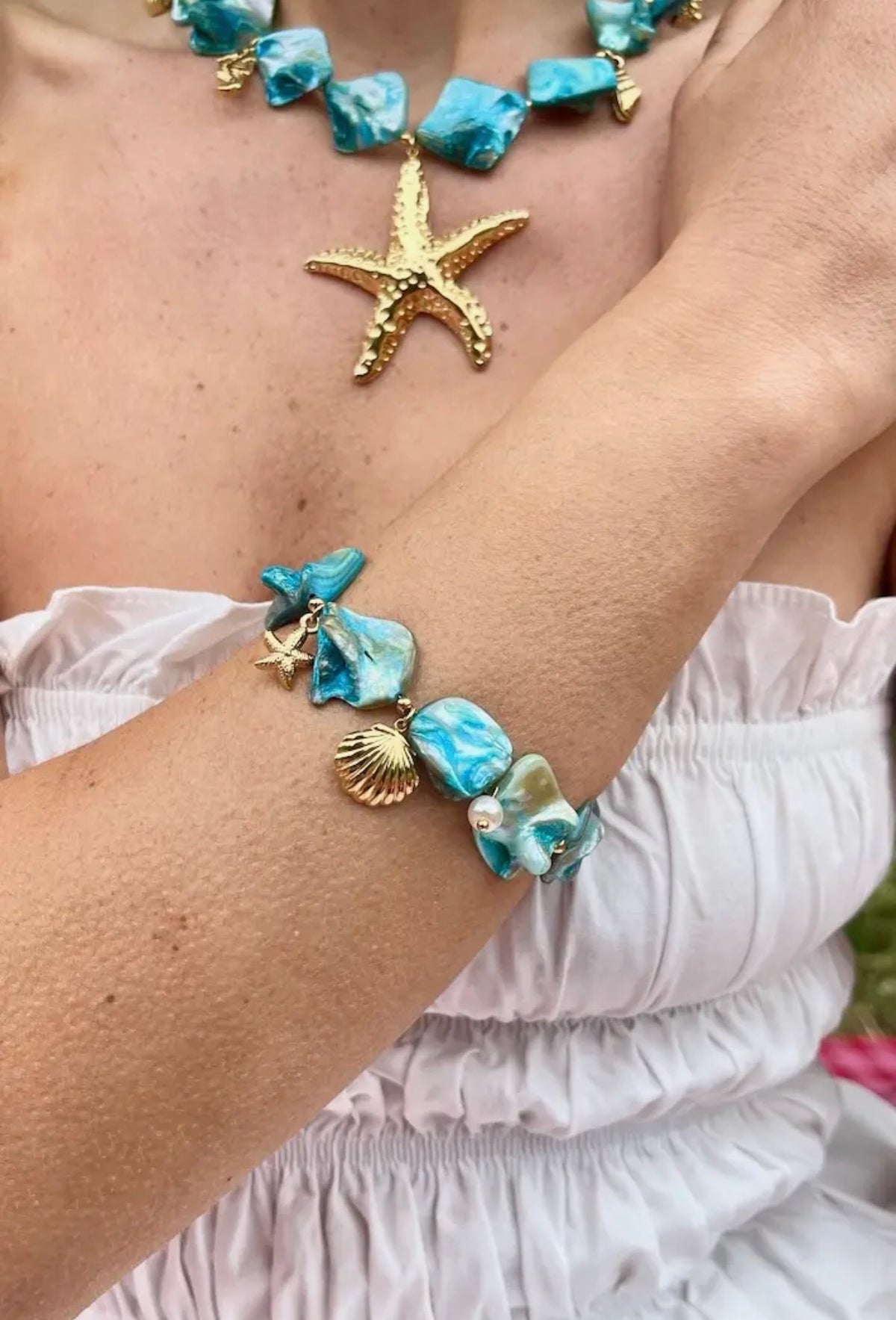 Bracelet coquillage bleu ou beige - acier inoxydable