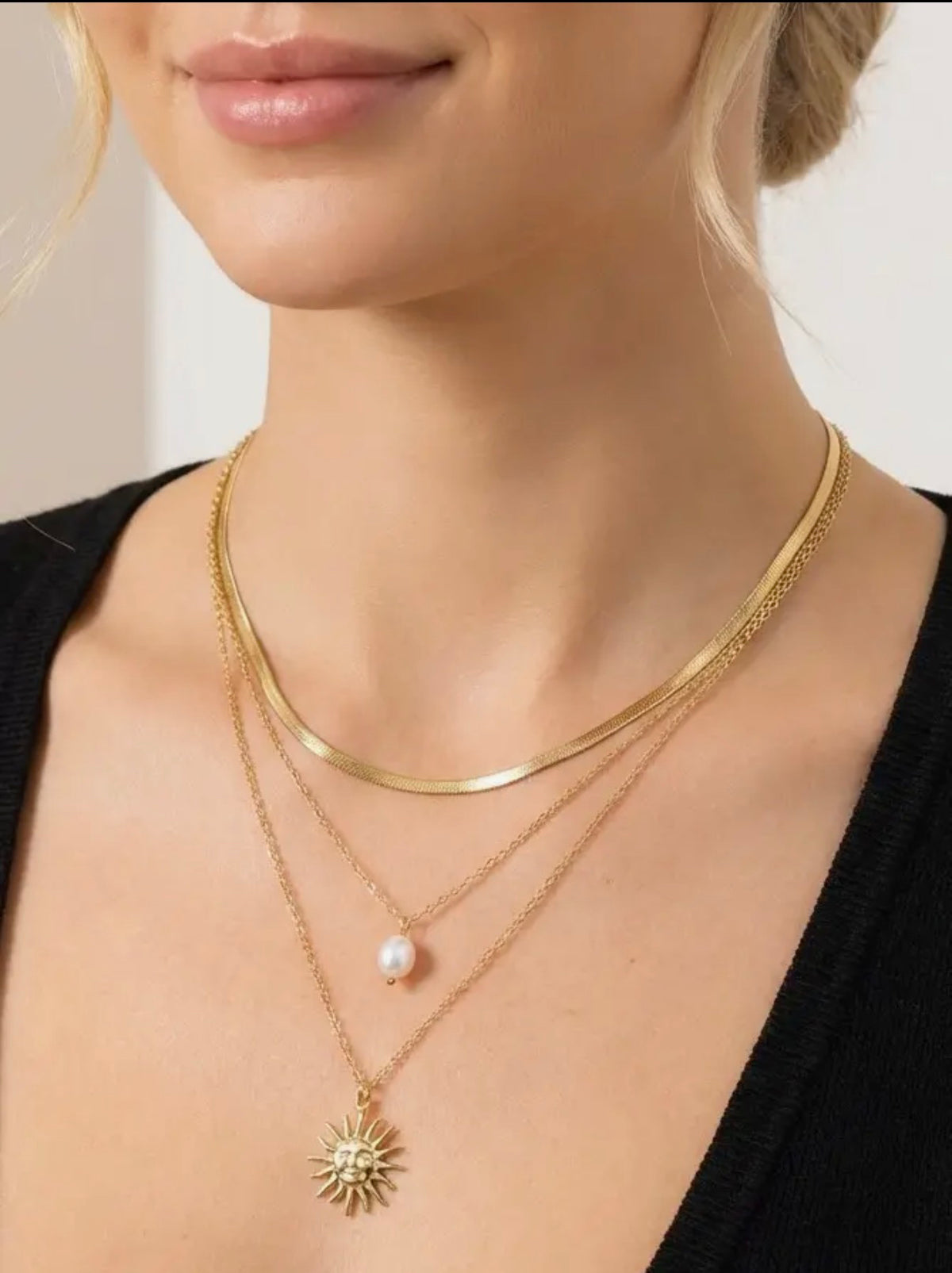 Collier triple chaîne soleil doré - acier inoxydable