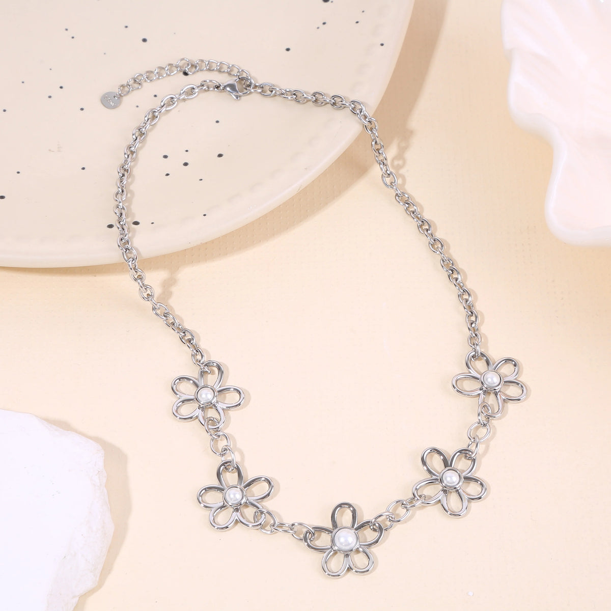 Collier chaine fleurs argenté - Acier Inoxydable
